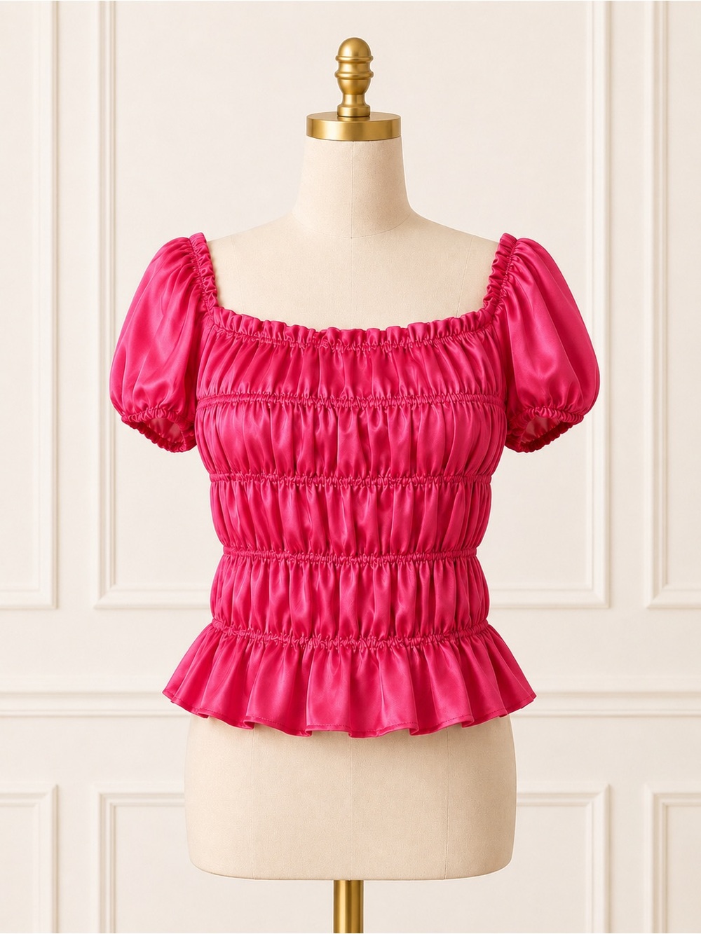 NWT Choosy Barbiecore Puff Sleeve Smocked Blouse Hot Pink XS